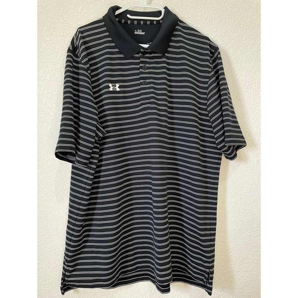 Under Armour Polo Shirt Mens XL Black Excellent Striped HeatGear Golf Top
